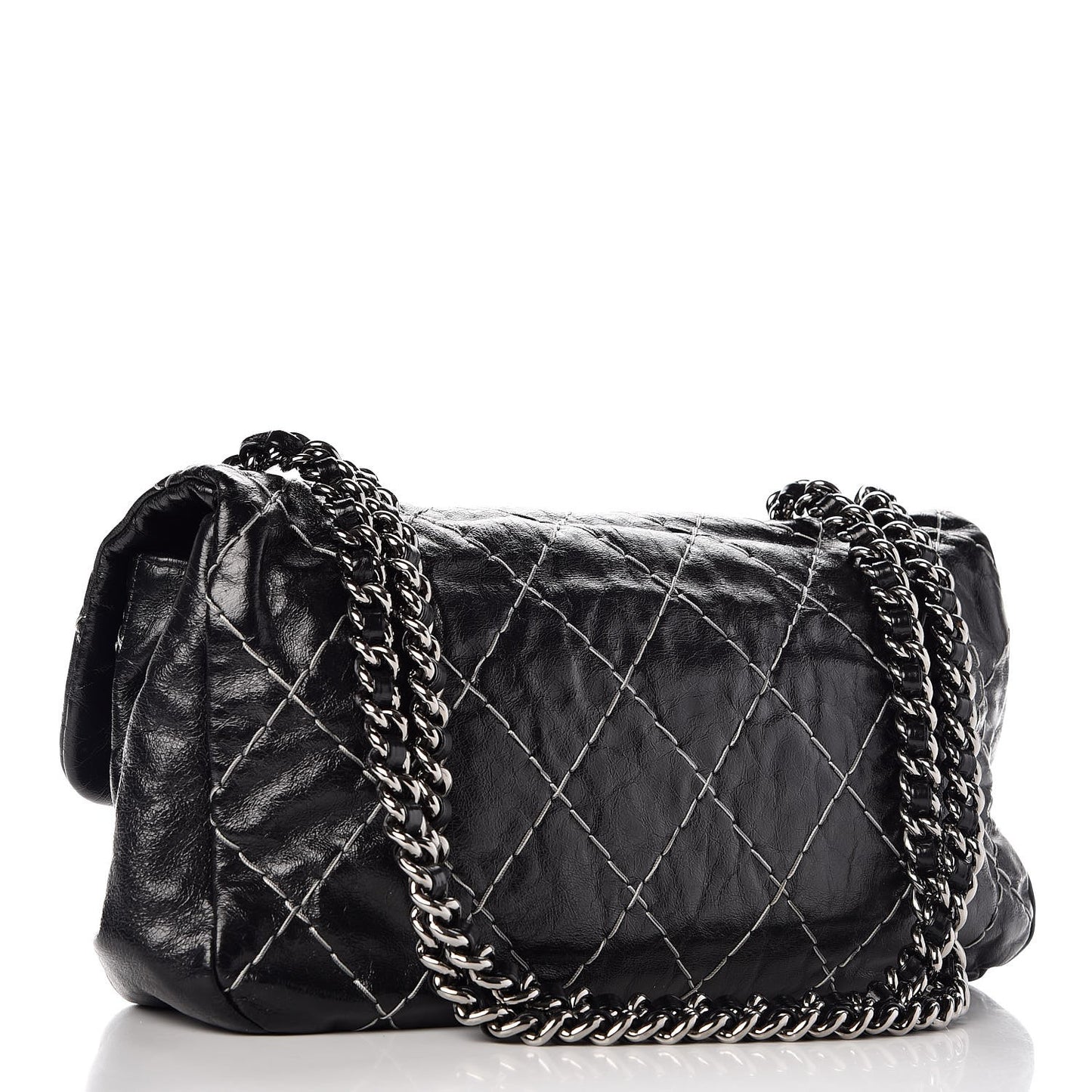 Glazed Goatskin Double Stitch Flap Black