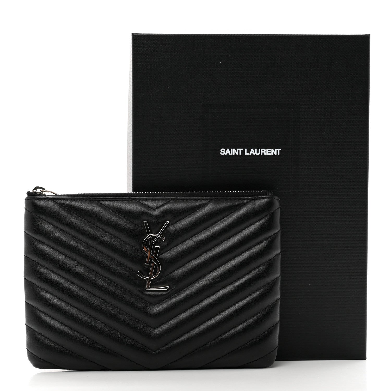 Saint Laurent Calfskin Matelasse Chevron Monogram Pouch Black 8 of 8