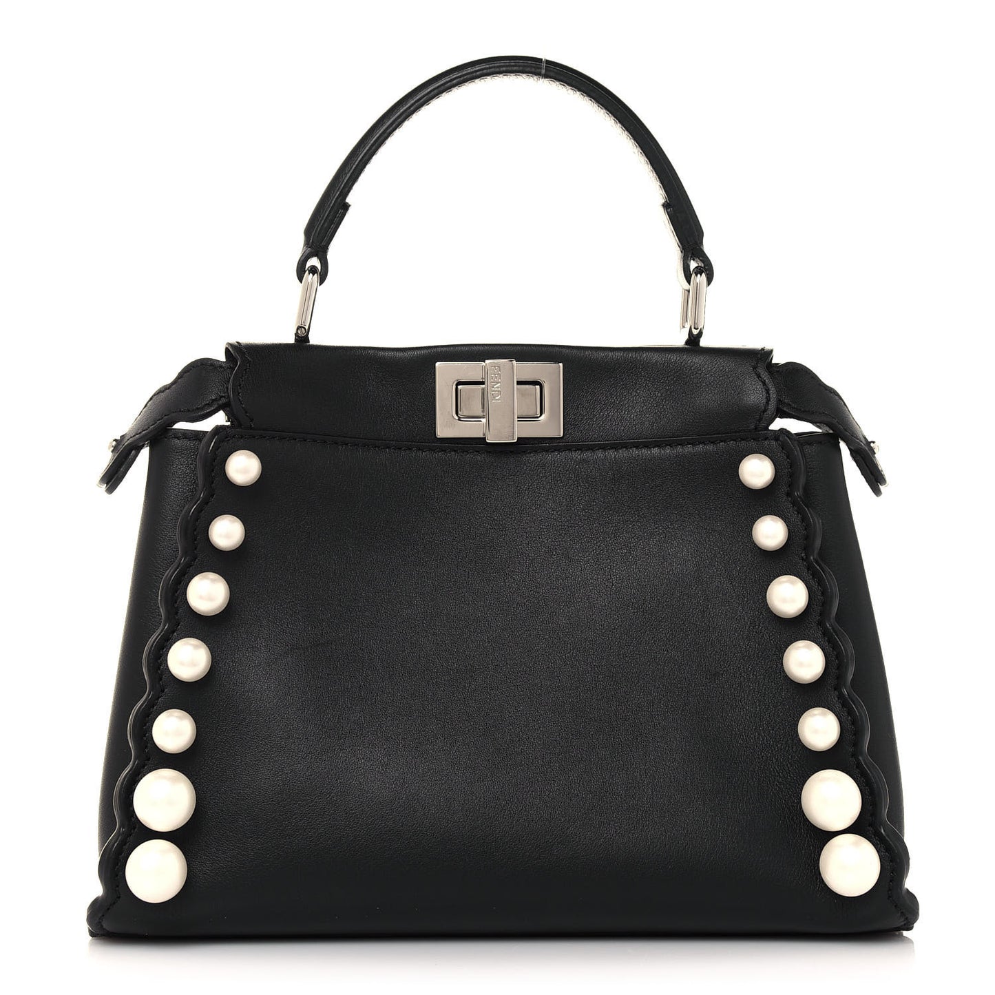 Vitello Seta Shiny Nappa Pearl Scallopped Studded Mini Peekaboo Iconic Satchel Black