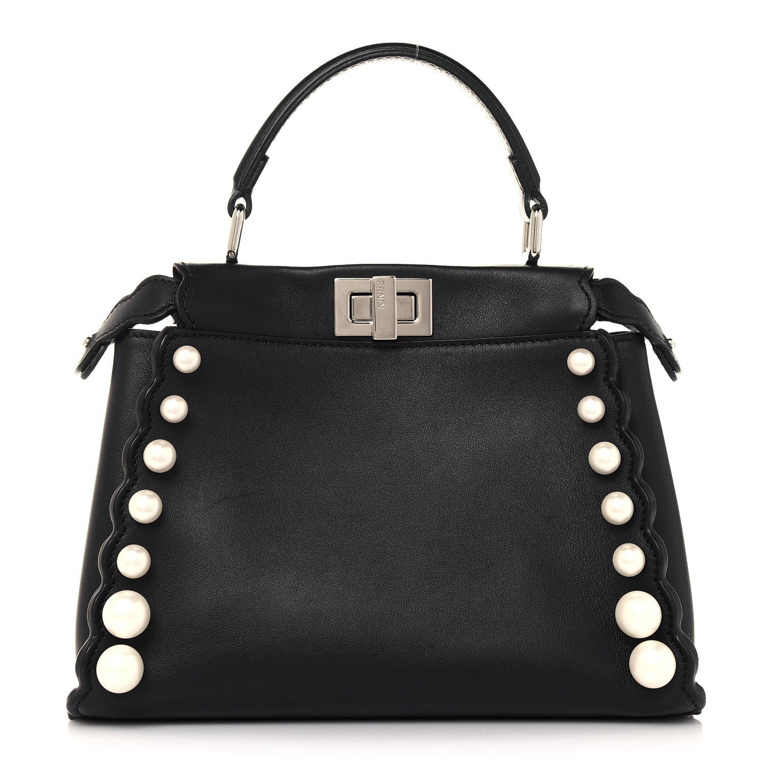 Fendi Vitello Seta Shiny Nappa Pearl Scallopped Studded Mini Peekaboo Iconic Satchel Black 1 of 13