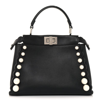 Fendi Vitello Seta Shiny Nappa Pearl Scallopped Studded Mini Peekaboo Iconic Satchel Black 1 of 13