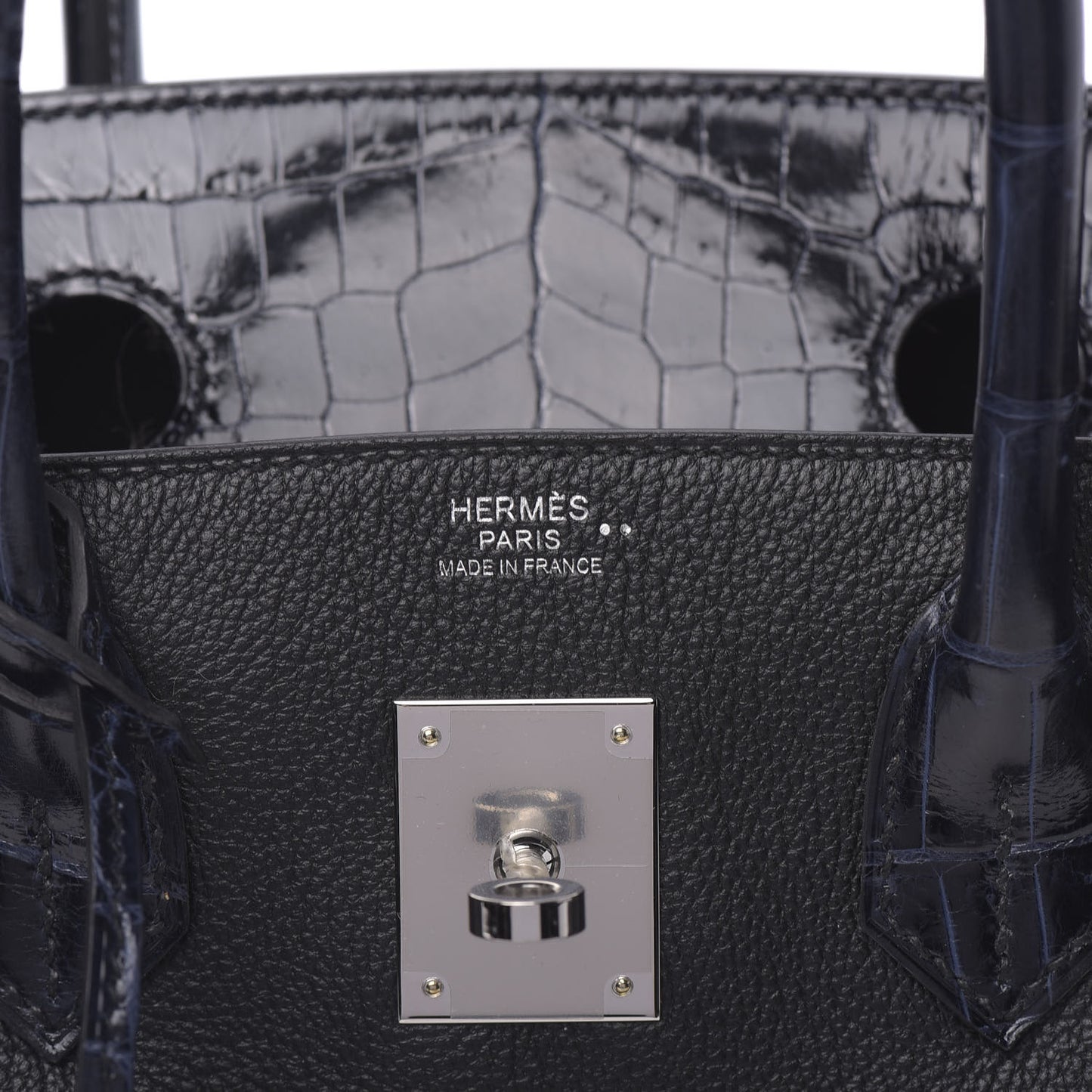 Taurillon Novillo Shiny Niloticus Crocodile Birkin Touch 30 Black Bleu Marine