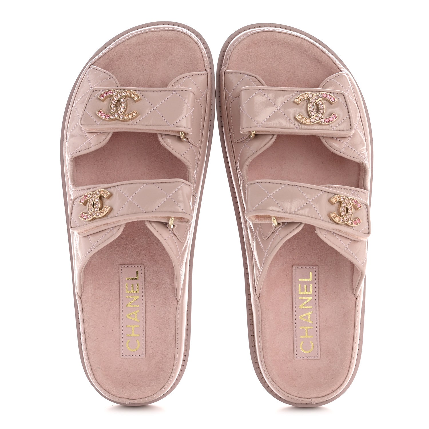 Chanel Shiny Calfskin Crystal Quilted Velcro Dad CC Slide Sandals