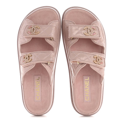Chanel Shiny Calfskin Crystal Quilted Velcro Dad CC Slide Sandals 38 Light Pink 2 of 10