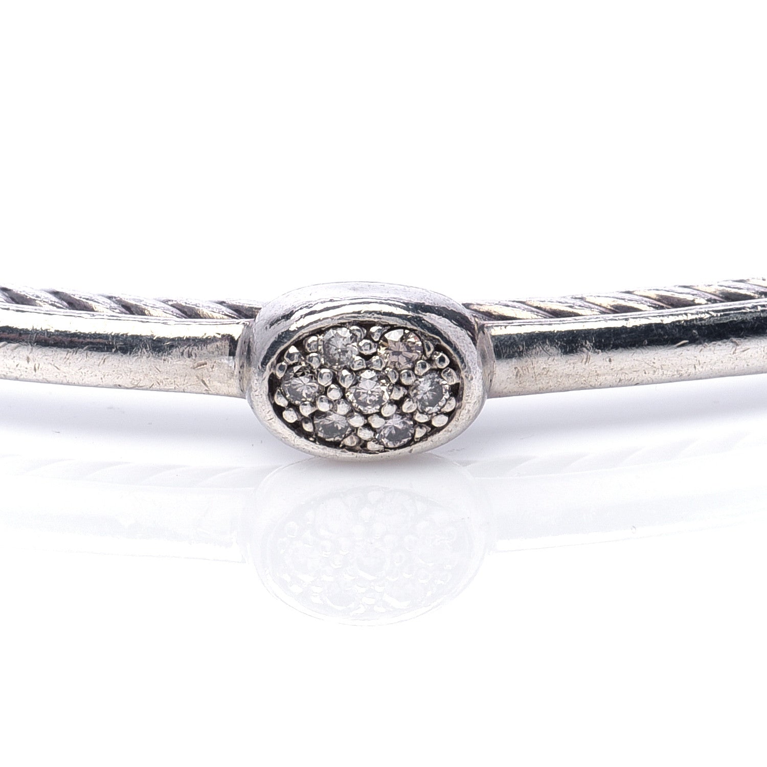 David Yurman Sterling Silver Pave Diamond 3mm Cable Wire Oval Bangle 5 of 5
