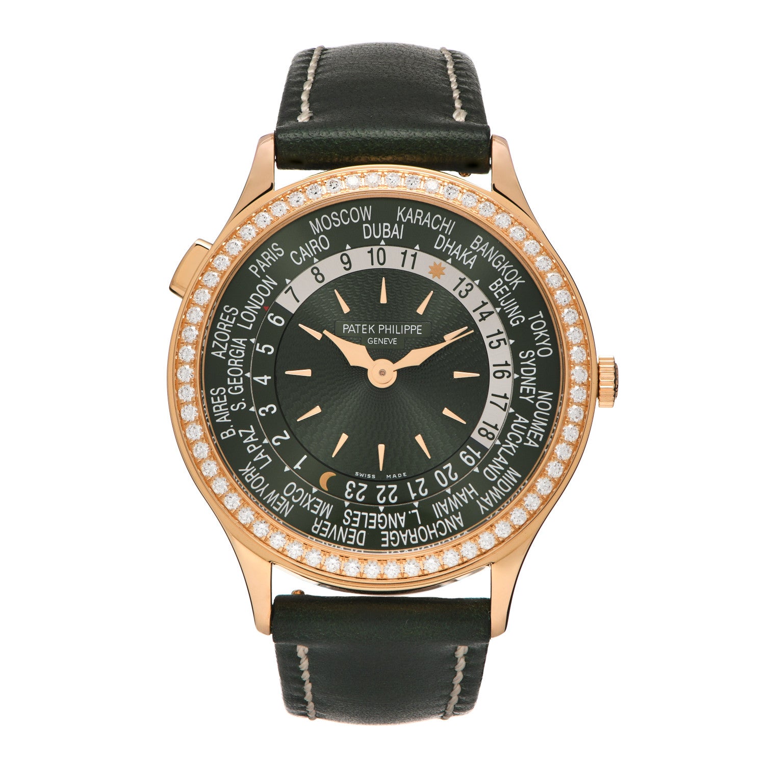 Patek Philippe 18K Rose Gold Calfskin Diamond 36mm Complications World Time Automatic Watch Green 7130R-014 1 of 5