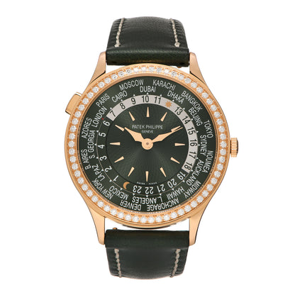 Patek Philippe 18K Rose Gold Calfskin Diamond 36mm Complications World Time Automatic Watch Green 7130R-014 1 of 5
