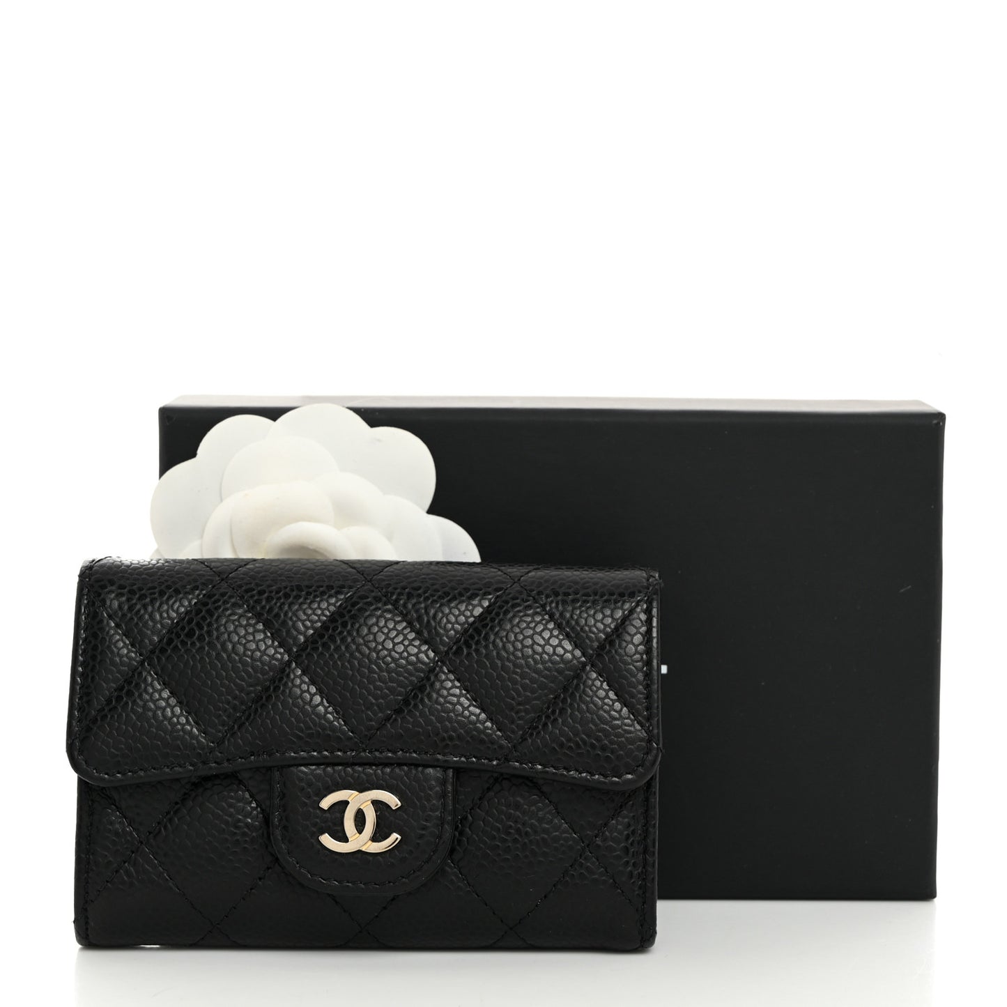 Caviar Quilted Flap Card Holder Wallet Black