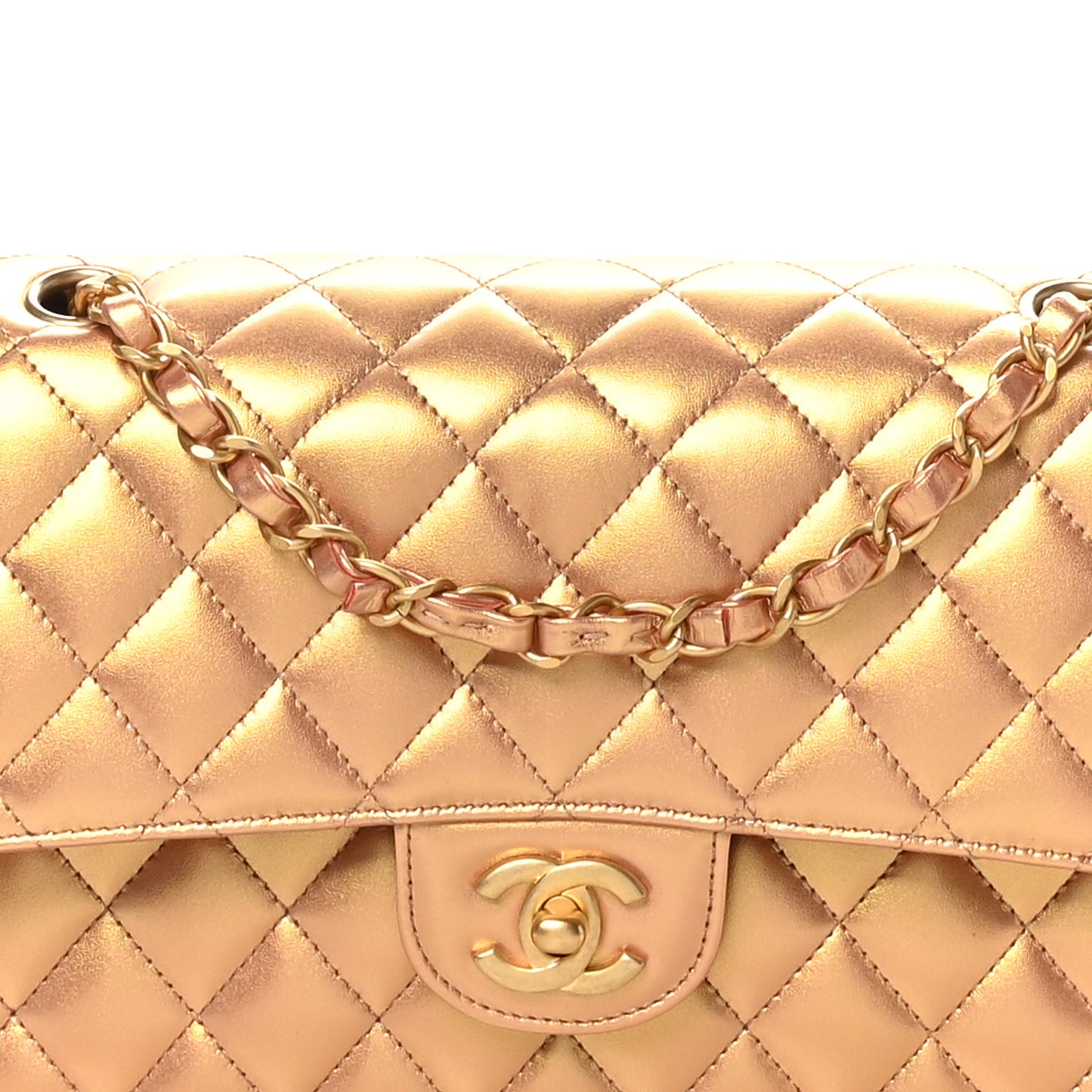Metallic Lambskin Quilted Medium Double Flap Golden
