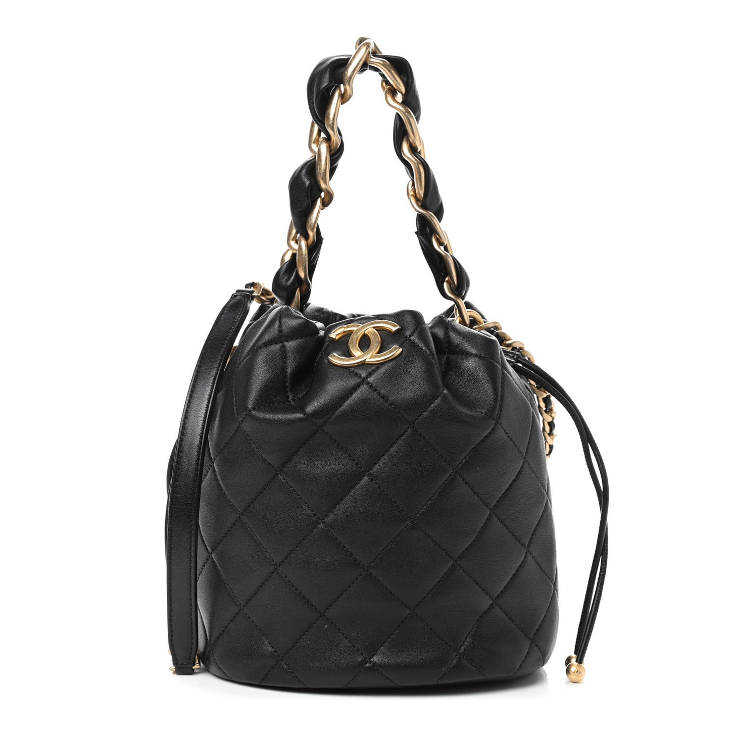 Shiny Lambskin Quilted Chain Is More Drawstring Bag Black
