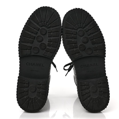 Chanel Calfskin Grosgrain Quilted Lace Up Boots 39.5 Black Grey 5 of 10