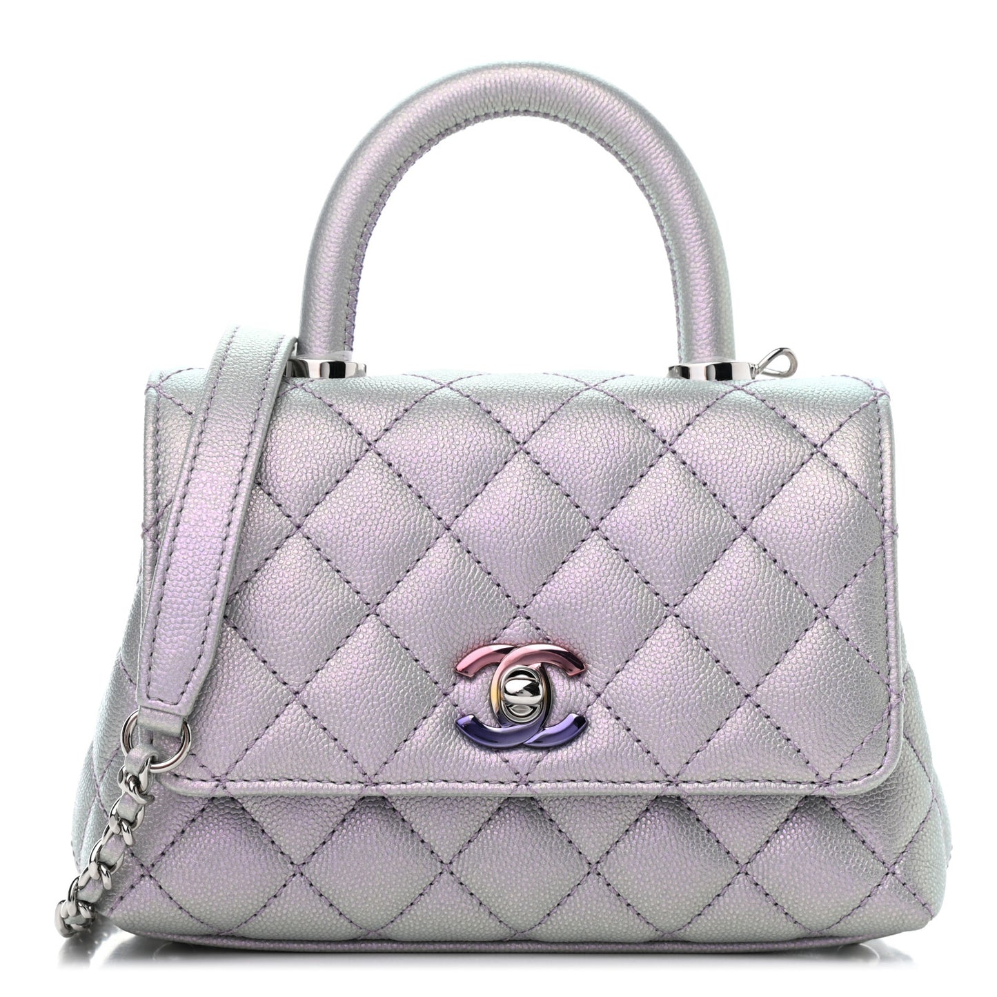 Iridescent Caviar Quilted Extra Mini Coco Handle Flap Purple