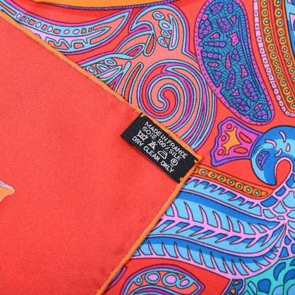 Hermes Silk La Charmante Aux Animaux Scarf 90 Rouge Vif Orange Petrole 5 of 5