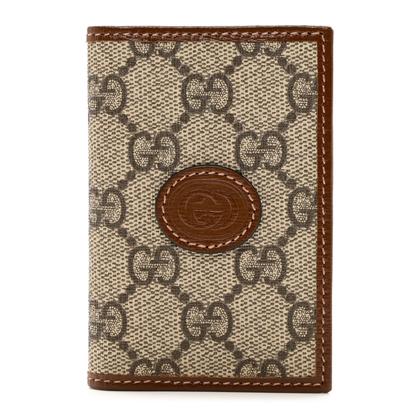 GG Supreme Monogram Azalea Calfskin Retro Interlocking G Card Case Beige Ebony Brown Sugar