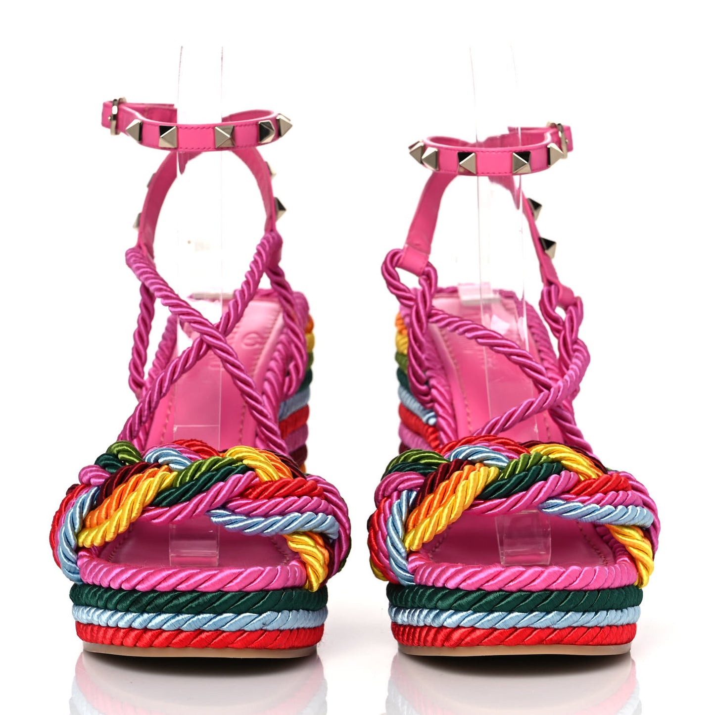 Calfskin Rockstud Ankle Strap Torchon Espadrille 25/115mm Wedge Sandals 37 Feminine Pink Multicolor
