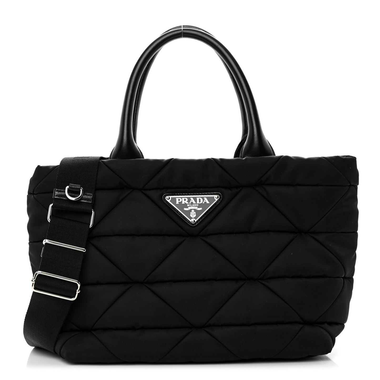 Re-Nylon Nappa Triangle Quilted Padded Small Double Handled Zip Tote Black