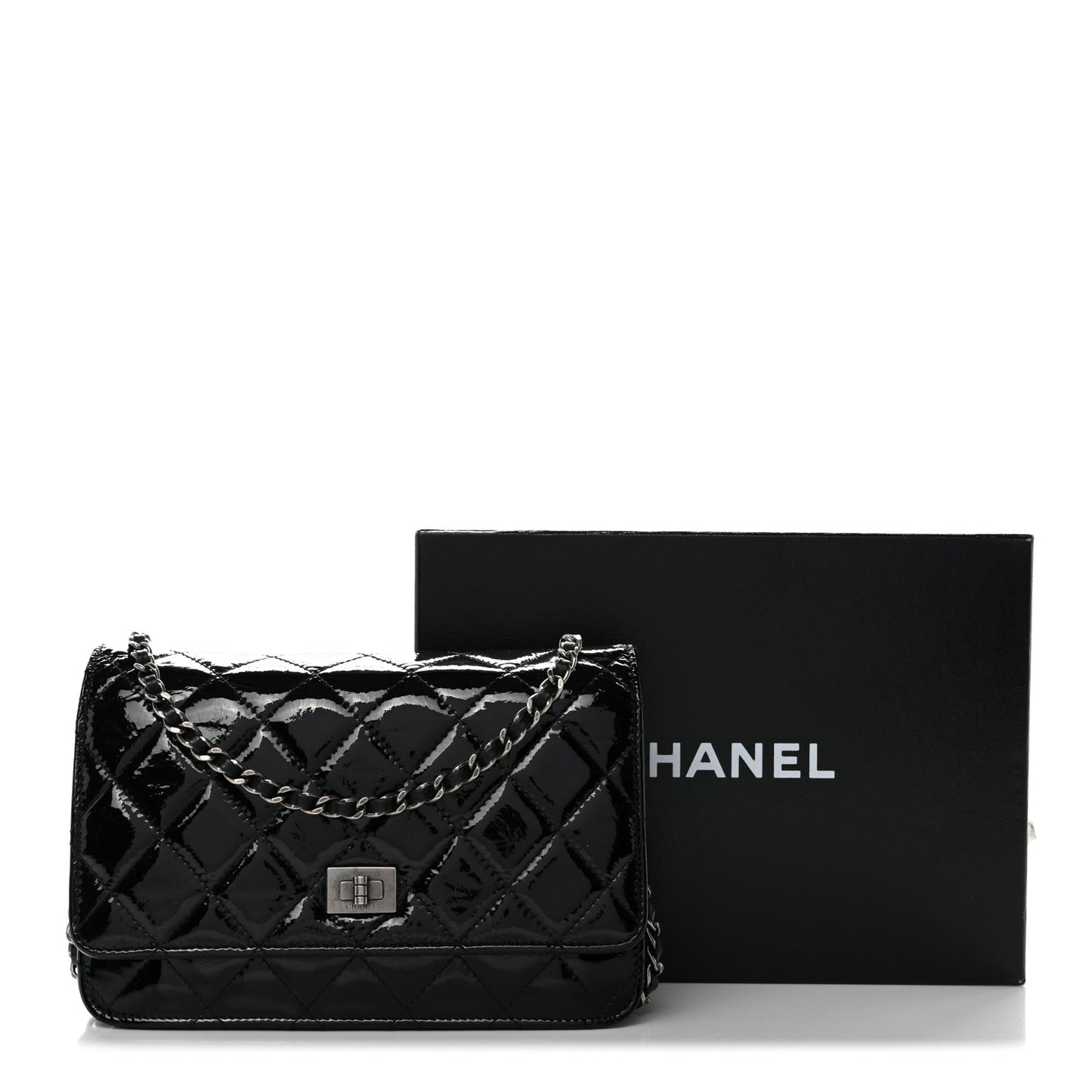 Distressed Patent Calfskin Quilted Reissue Wallet On Chain WOC Black