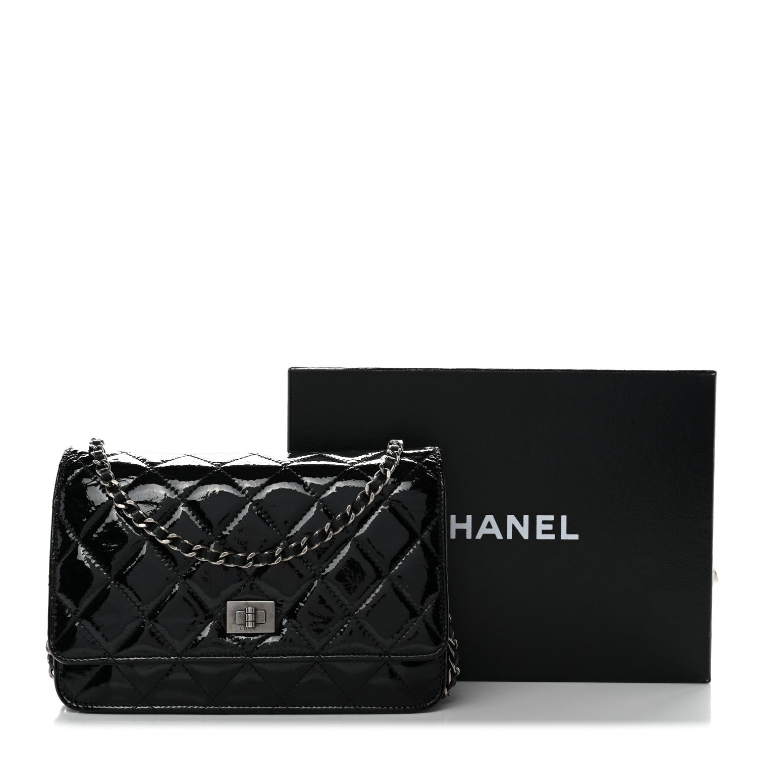 Chanel Distressed Patent Calfskin Quilted Reissue Wallet On Chain WOC Black 14 of 14
