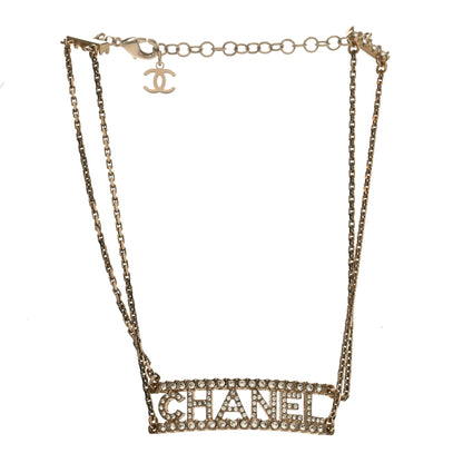 Chanel Metal Crystal Logo Choker Necklace Gold 3 of 4