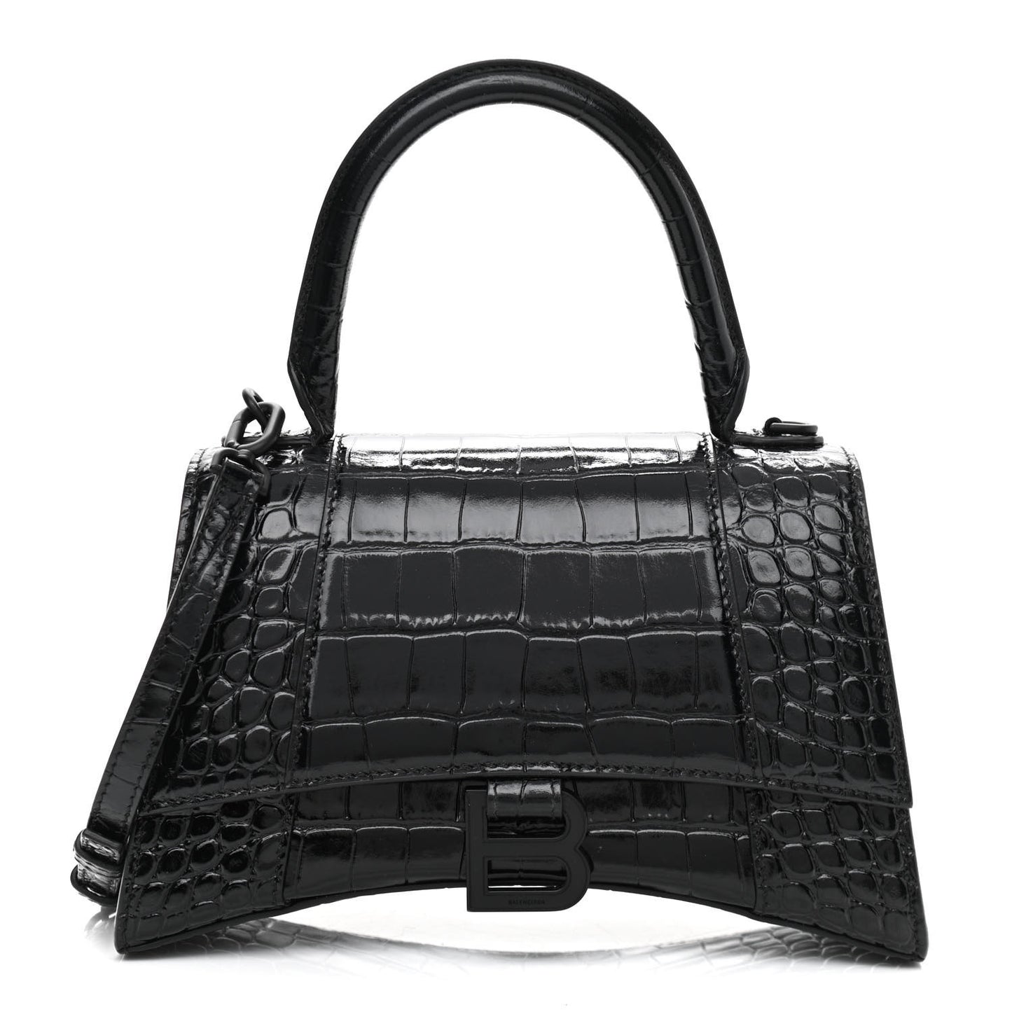 Shiny Calfskin Monochrome Crocodile Embossed Small Hourglass Top Handle Bag Black