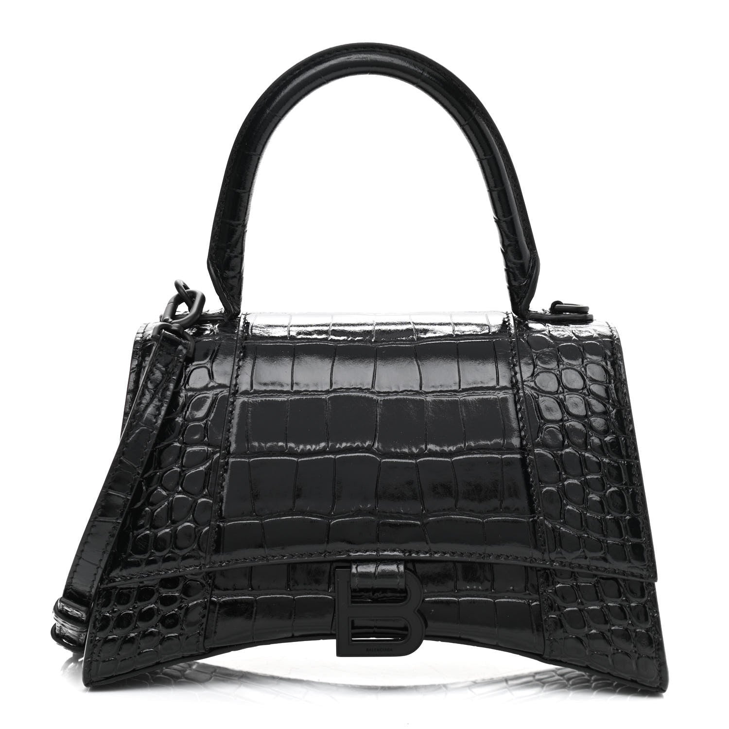 Balenciaga Shiny Calfskin Monochrome Crocodile Embossed Small Hourglass Top Handle Bag Black 1 of 11