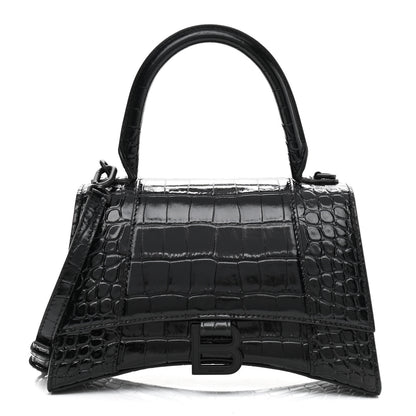 Balenciaga Shiny Calfskin Monochrome Crocodile Embossed Small Hourglass Top Handle Bag Black 1 of 11