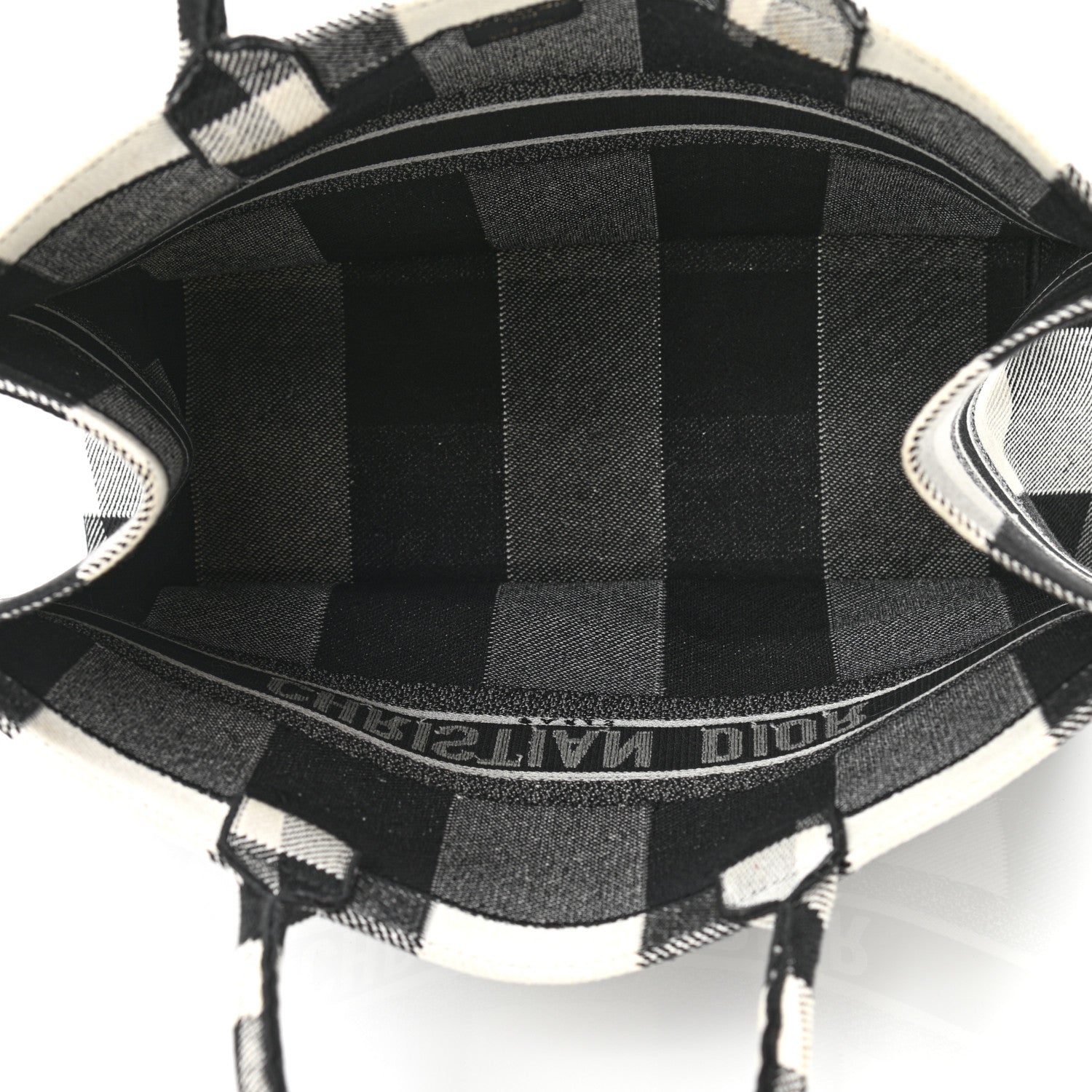 Christian Dior Canvas Embroidered Checkered Book Tote Black White 5 of 11