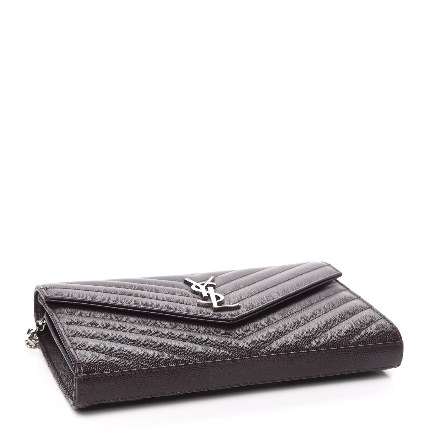 Saint Laurent Grain De Poudre Matelasse Chevron Monogram Chain Wallet Dark Brown 4 of 11