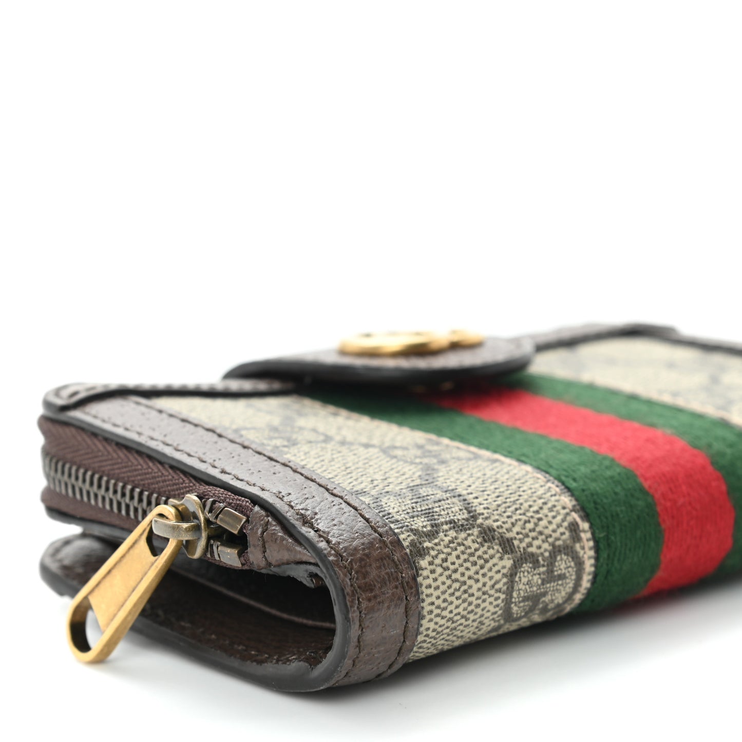 GG Supreme Monogram Textured Dollar Calfskin Web Ophidia Overlay Zip Around Card Case Wallet Beige Ebony New Acero