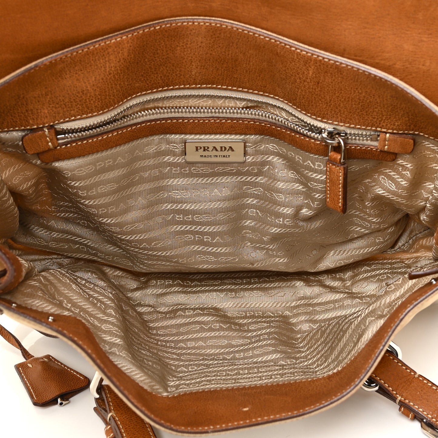 Tessuto Nylon Vitello Foldover Pushlock Satchel Beige