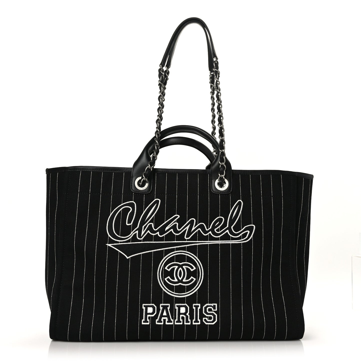 Canvas Calfskin Striped Large Deauville Tote Black White