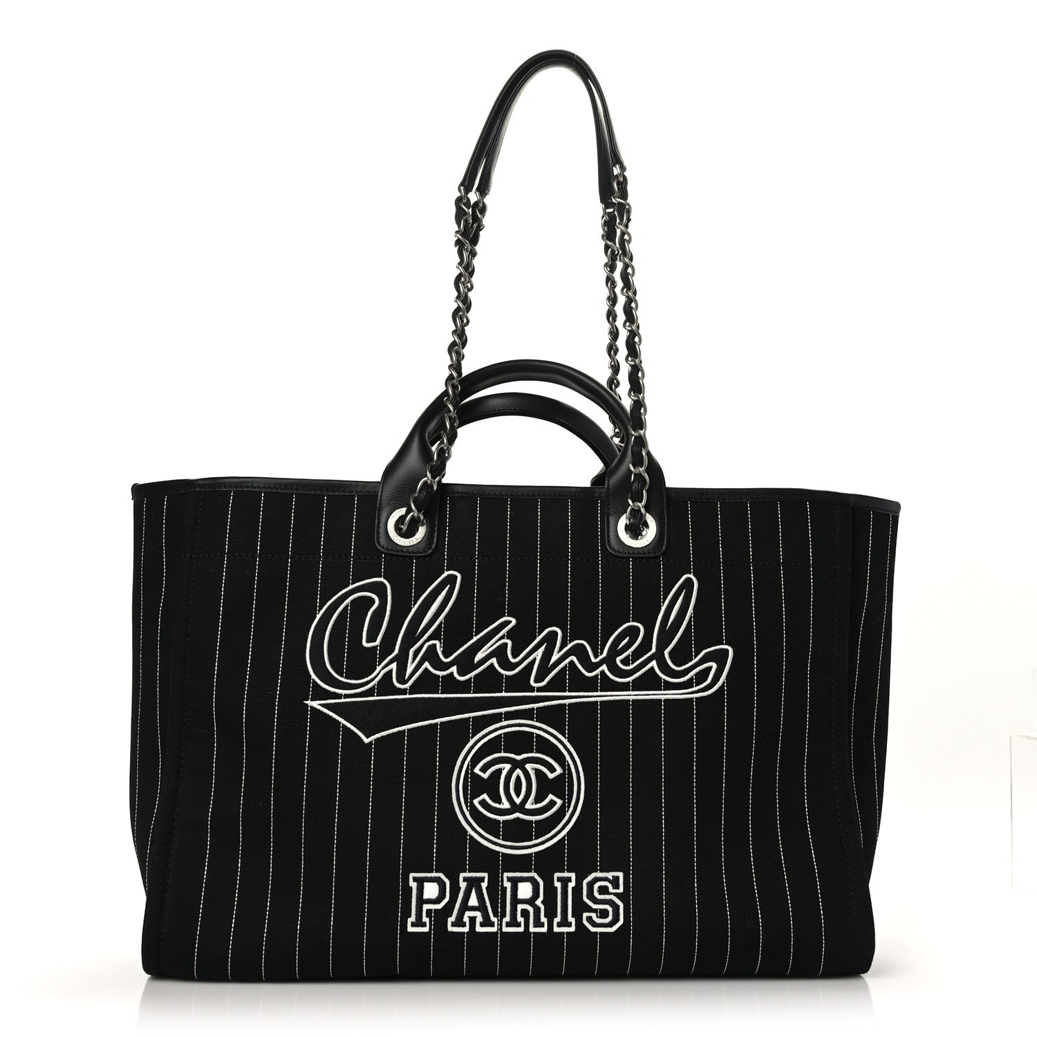 Chanel Canvas Calfskin Striped Large Deauville Tote Black White 1 of 10