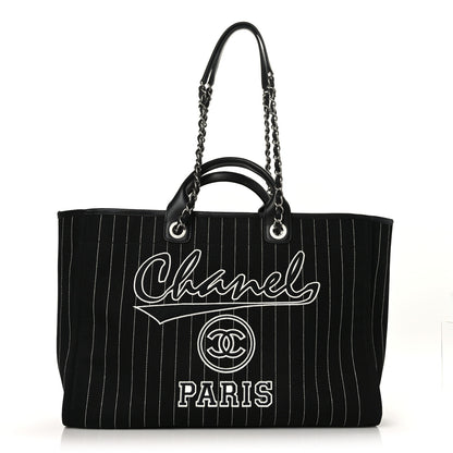 Chanel Canvas Calfskin Striped Large Deauville Tote Black White 1 of 10