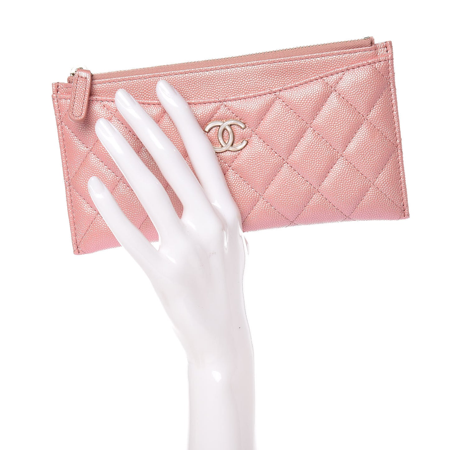 Iridescent Caviar Quilted Classic Zip Pouch Rose Pink