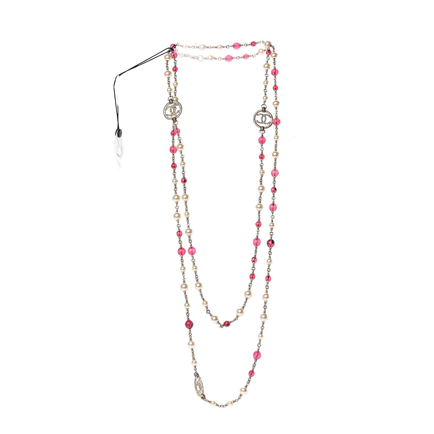Chanel Pearl Bead CC Long Necklace Gold Pink 3 of 6