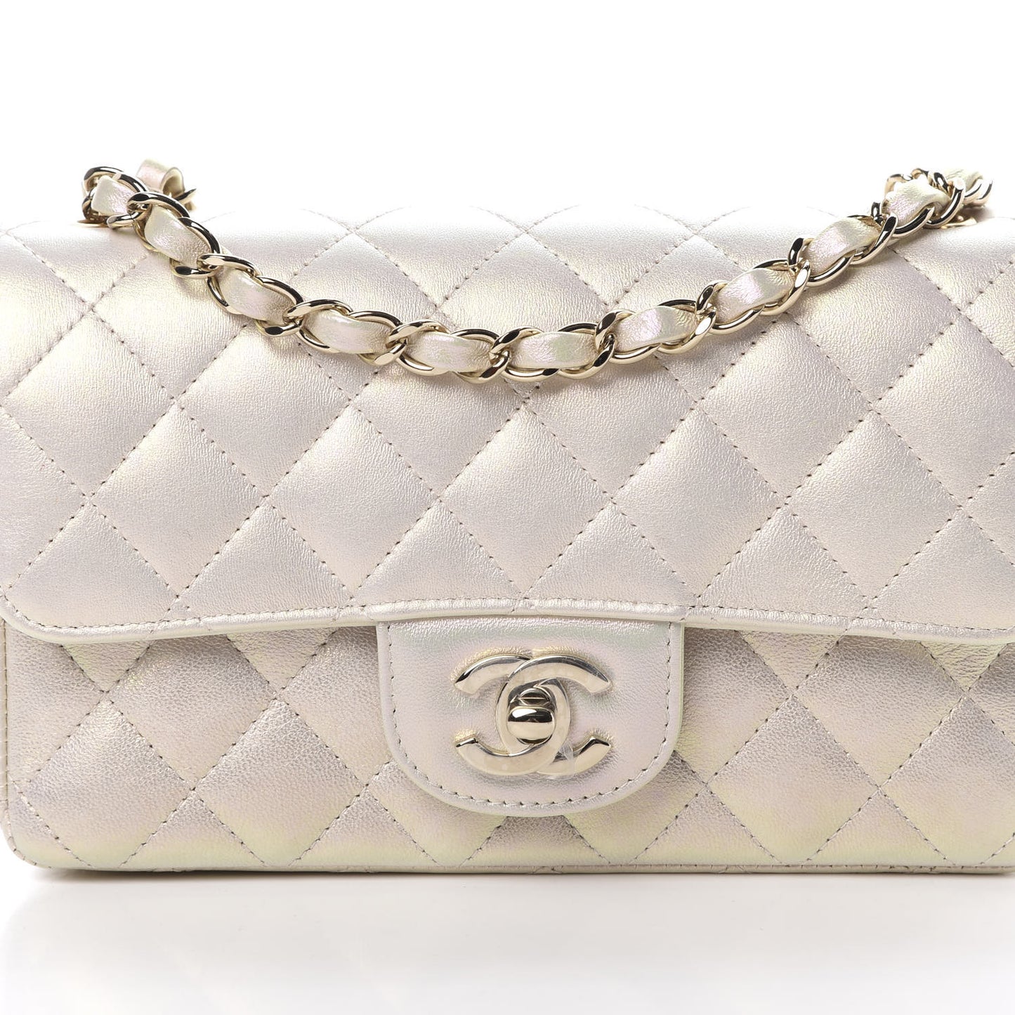 Iridescent Lambskin Quilted Mini Rectangular Flap Ivory