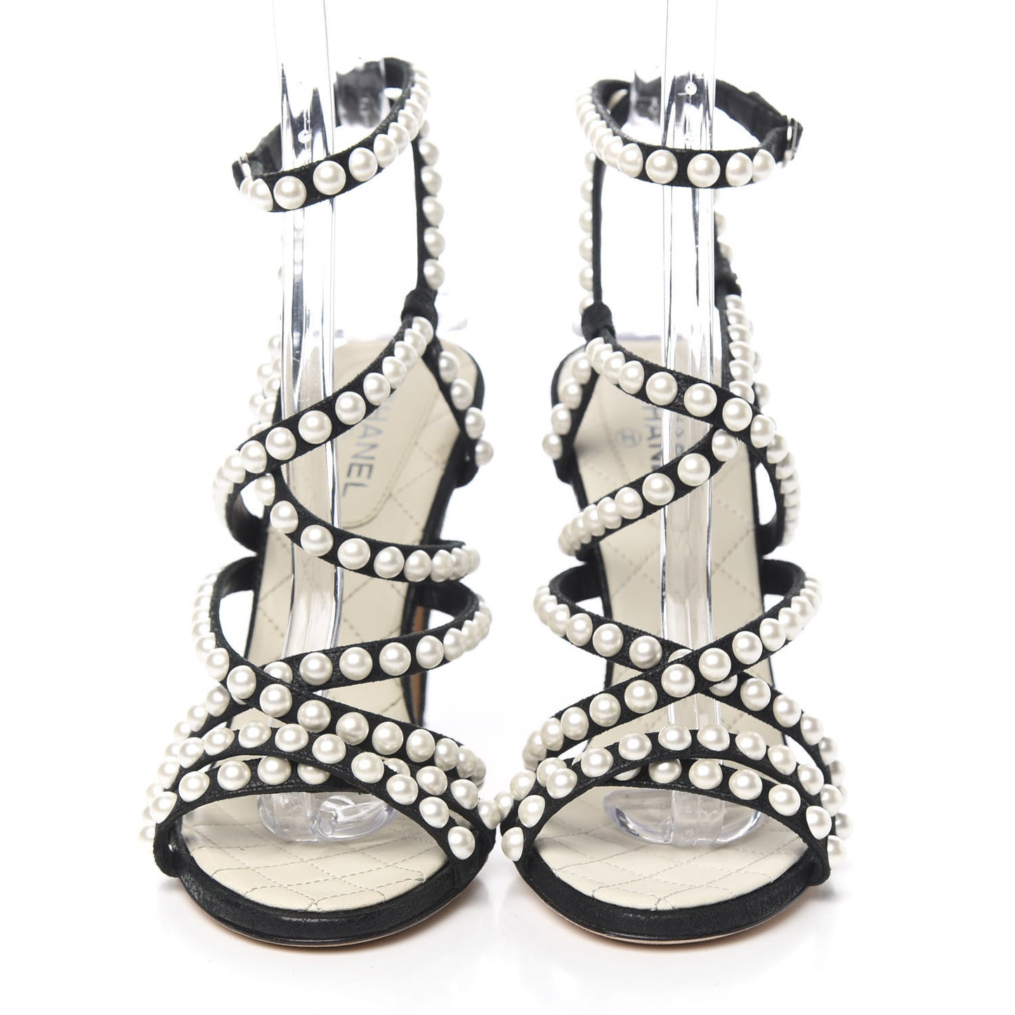 Laminated Lambskin Quilted Pearl Sandals 36 Black