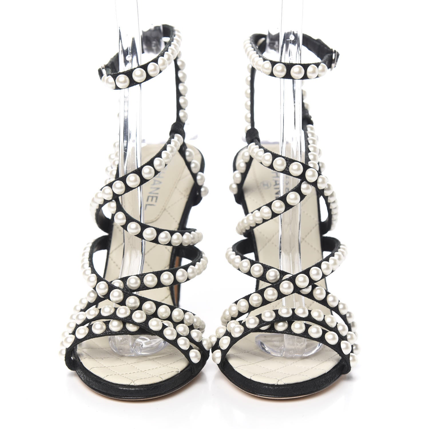 Chanel Laminated Lambskin Quilted Pearl Sandals 36 Black 2 of 8