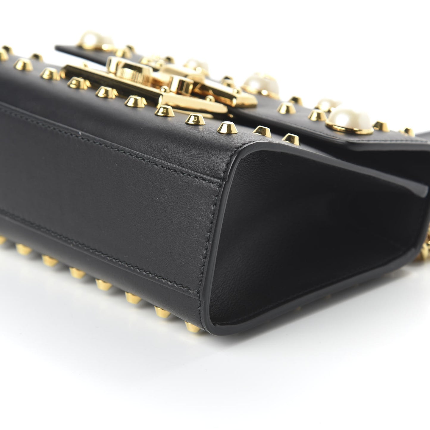 Calfskin Studded Small Padlock Shoulder Bag Black