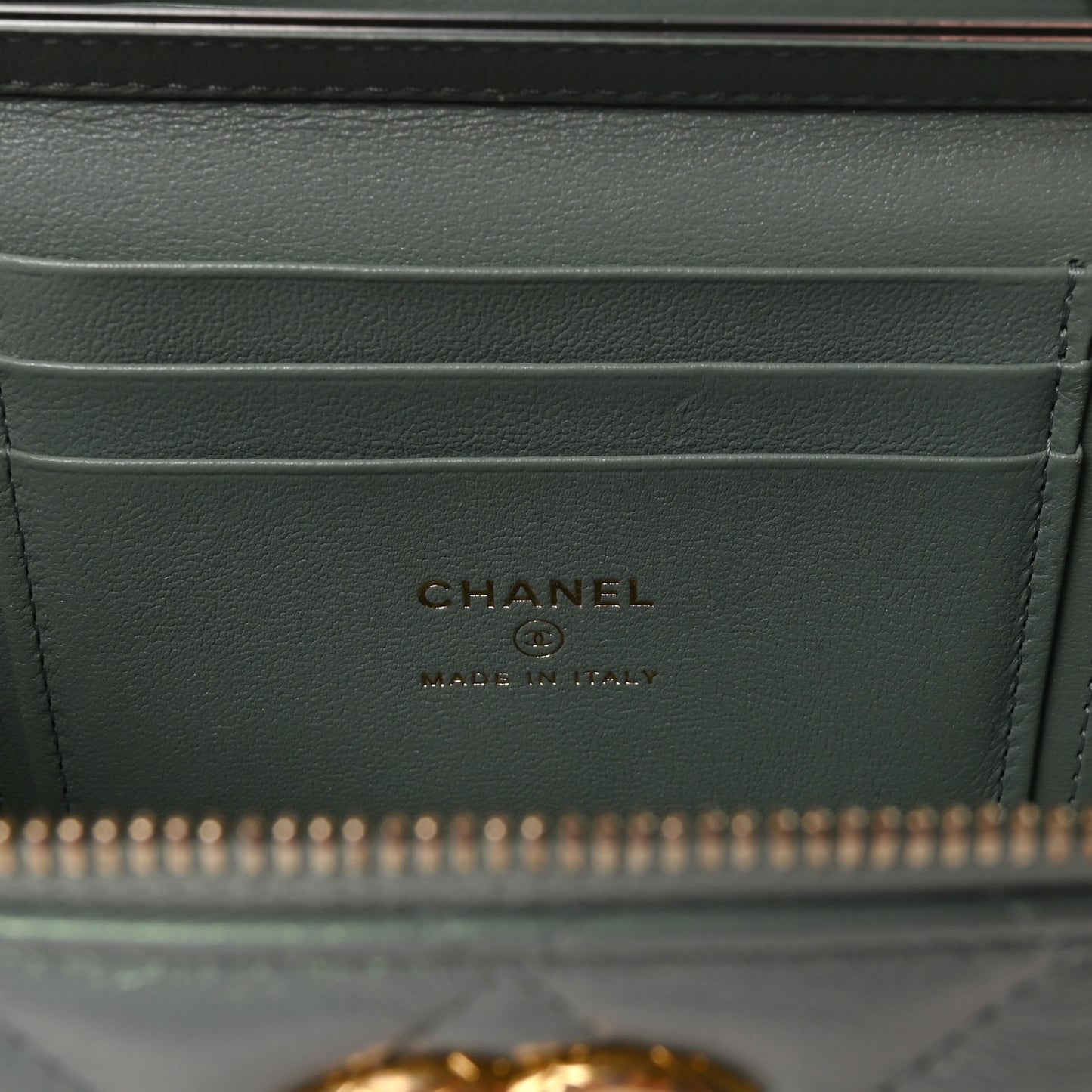 Metallic Lambskin Quilted Small CC Vanity Case With Chain Grey