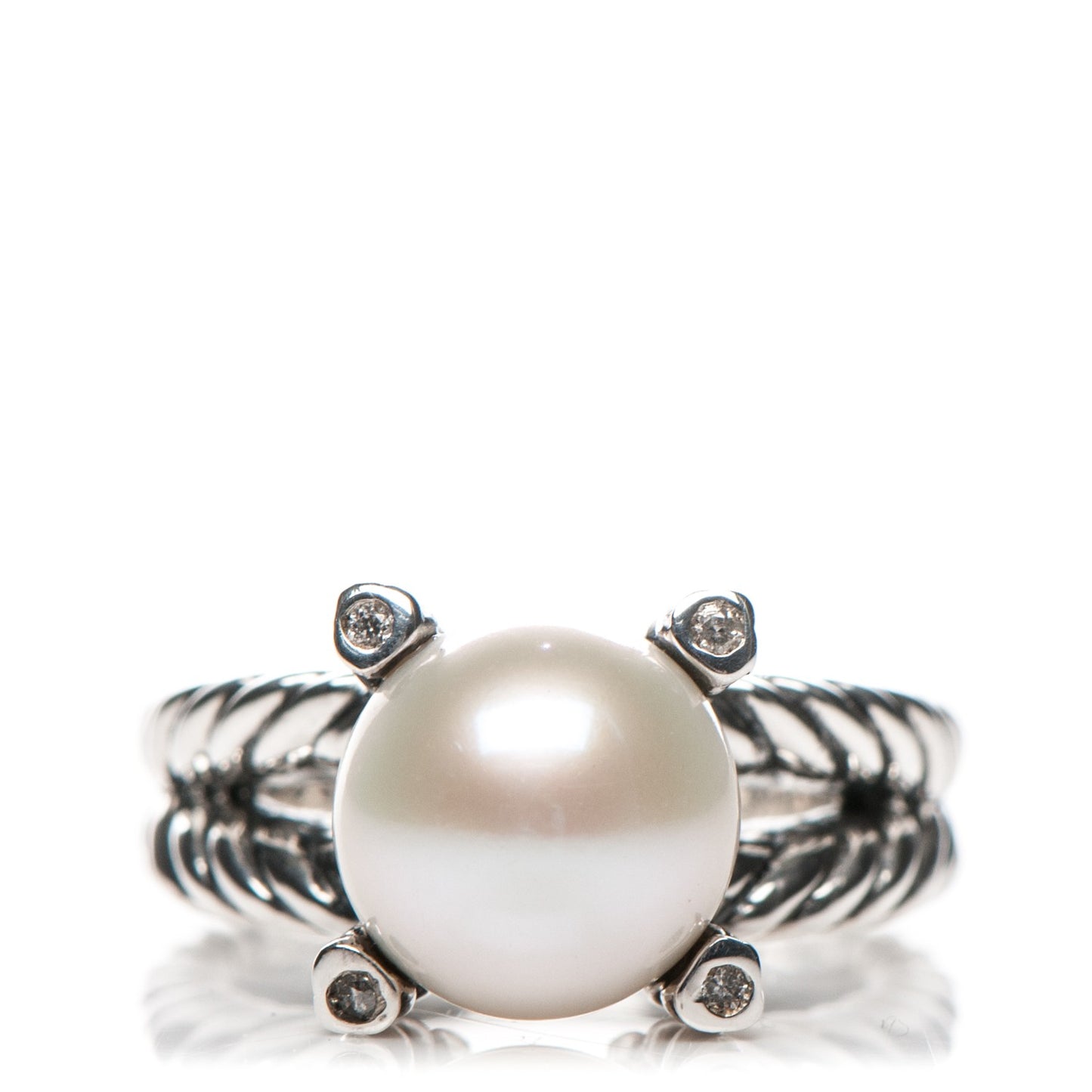 Sterling Silver Diamond 10mm Pearl Cable Ring 6