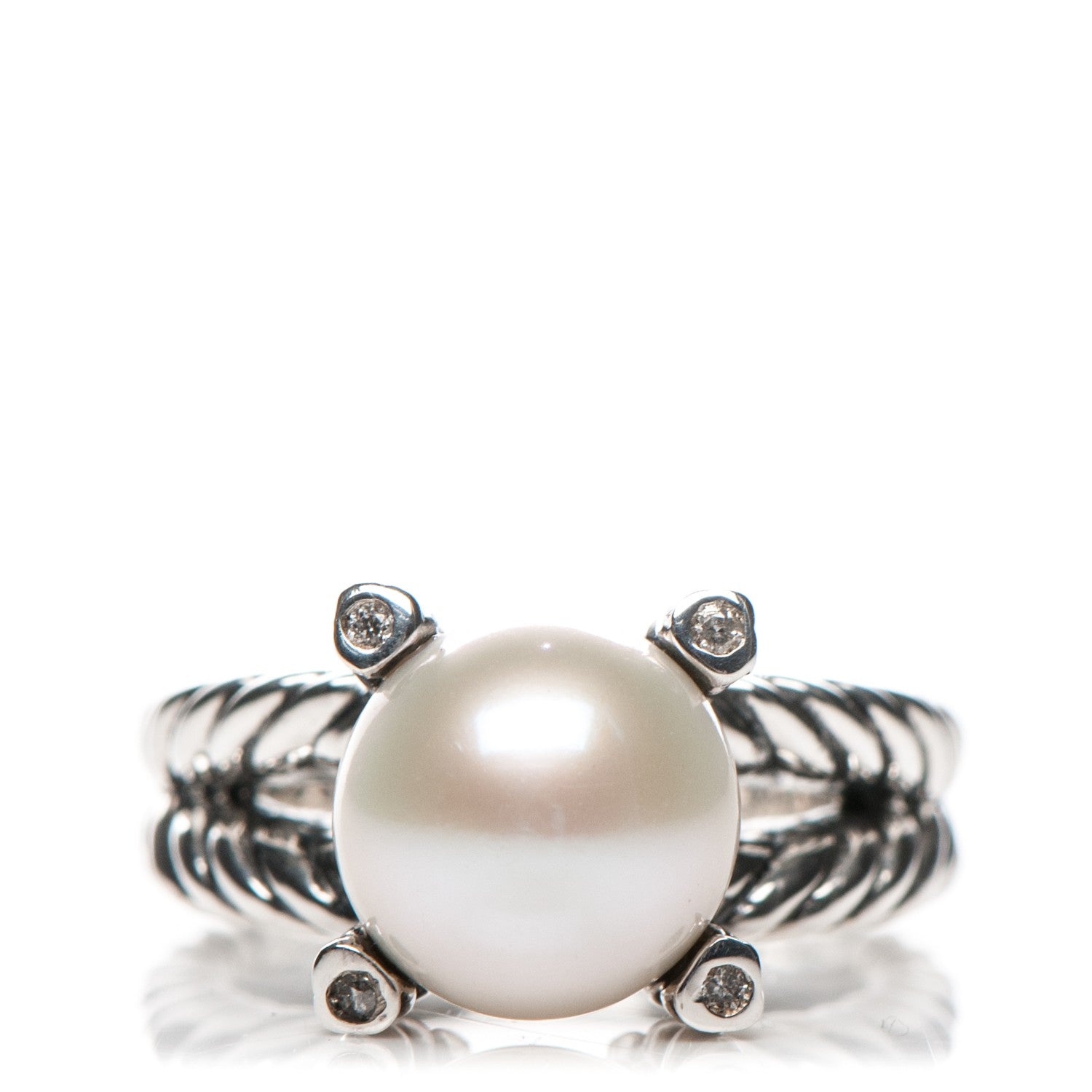 David Yurman Sterling Silver Diamond 10mm Pearl Cable Ring 6 1 of 5