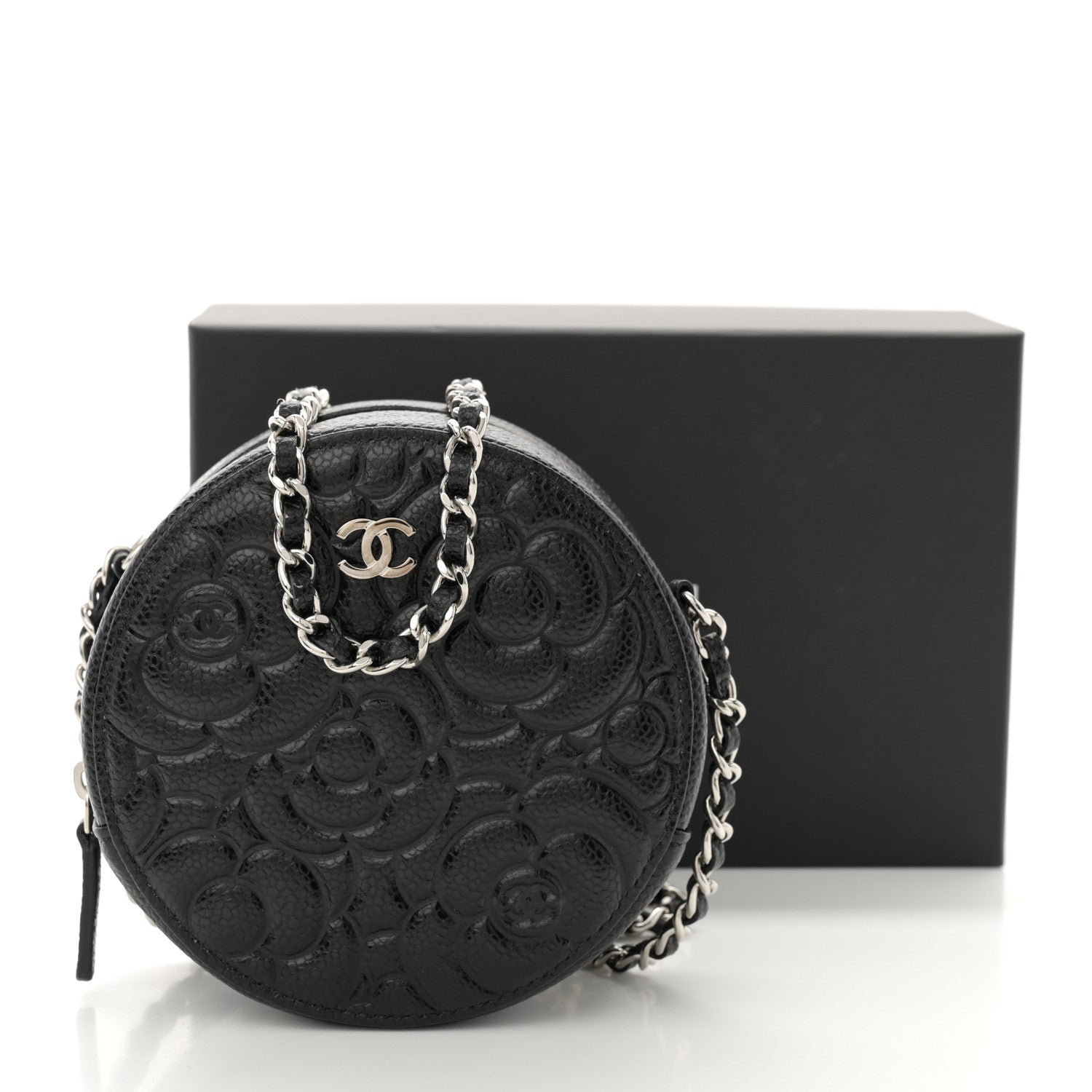 Chanel Caviar Camellia Embossed Round Clutch With Chain Black 11 of 11