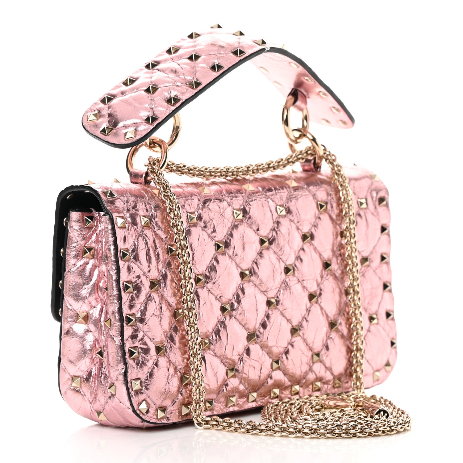 Valentino Garavani Metallic Wrinkled Lambskin Small Rockstud Spike Shoulder Bag Lipstick 3 of 10