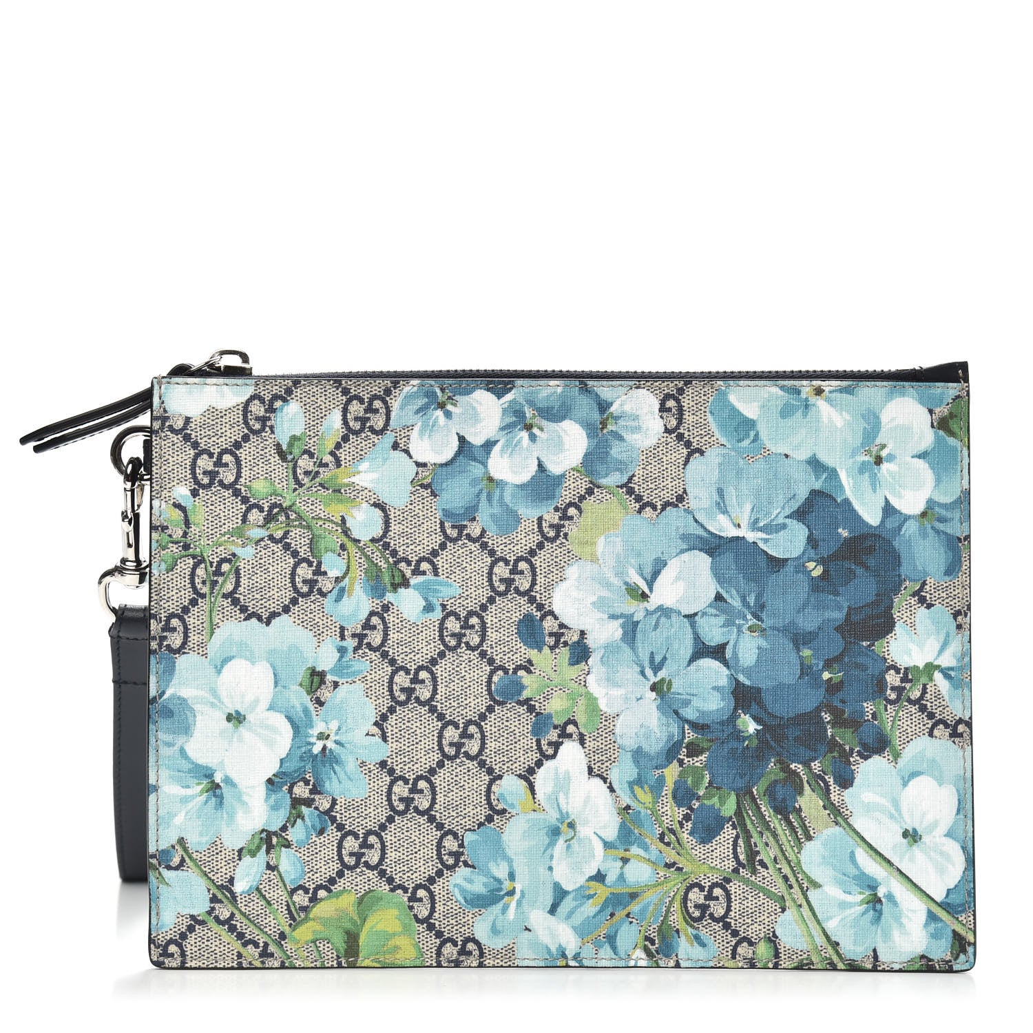 Gucci GG Supreme Monogram Blooms Small Zip Wristlet Pouch Beige Blue Black 1 of 5