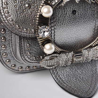 Miu Miu Goatskin Madras Soft Calfskin Crystal Embellished Dahlia Shoulder Bag Chrome 10 of 16