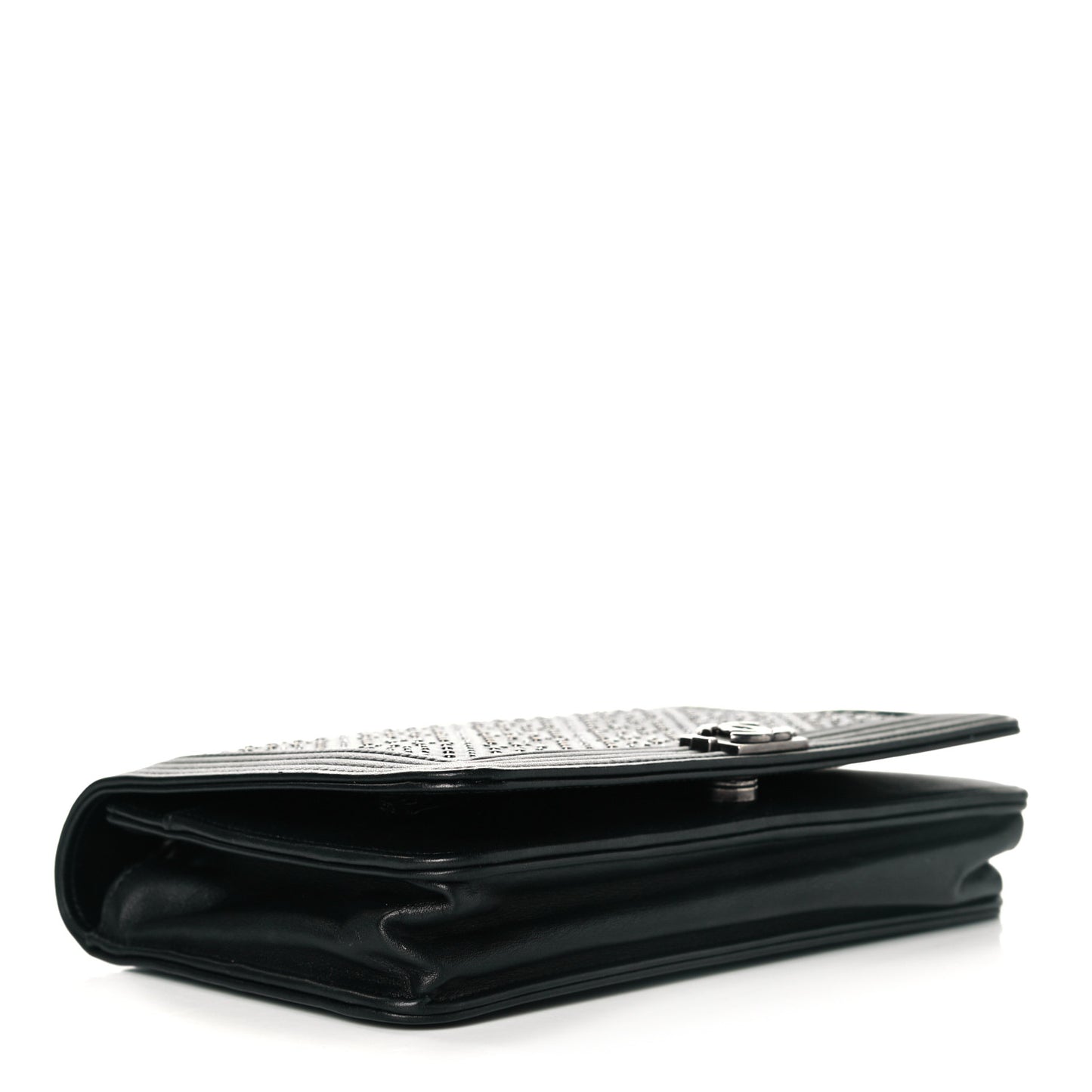 Calfskin Crystal Studded Quilted Boy Wallet On Chain WOC Black