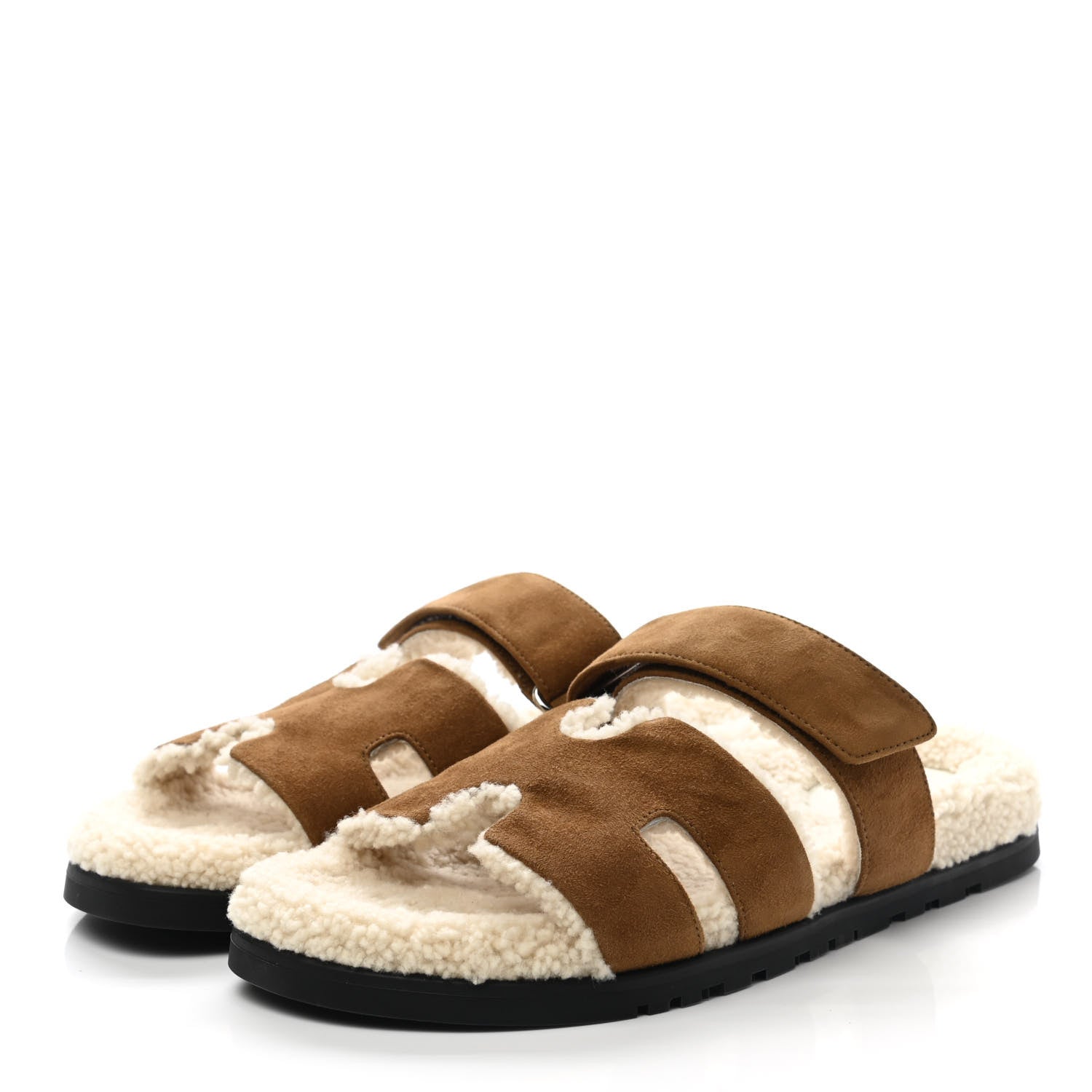 Hermes Suede Goatskin Woolskin Mens Chypre Sandals 41 Brun Fume Ecru 3 of 8