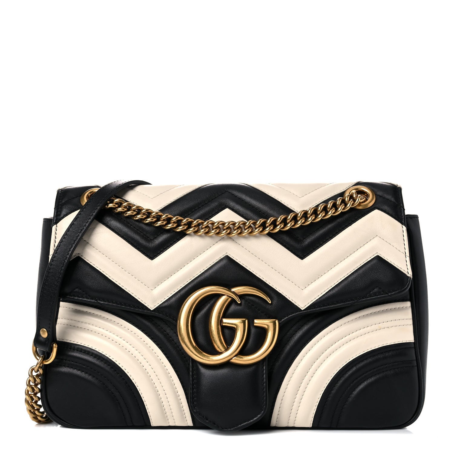 Gucci Calfskin Matelasse Medium GG Marmont Shoulder Bag Black White 1 of 24