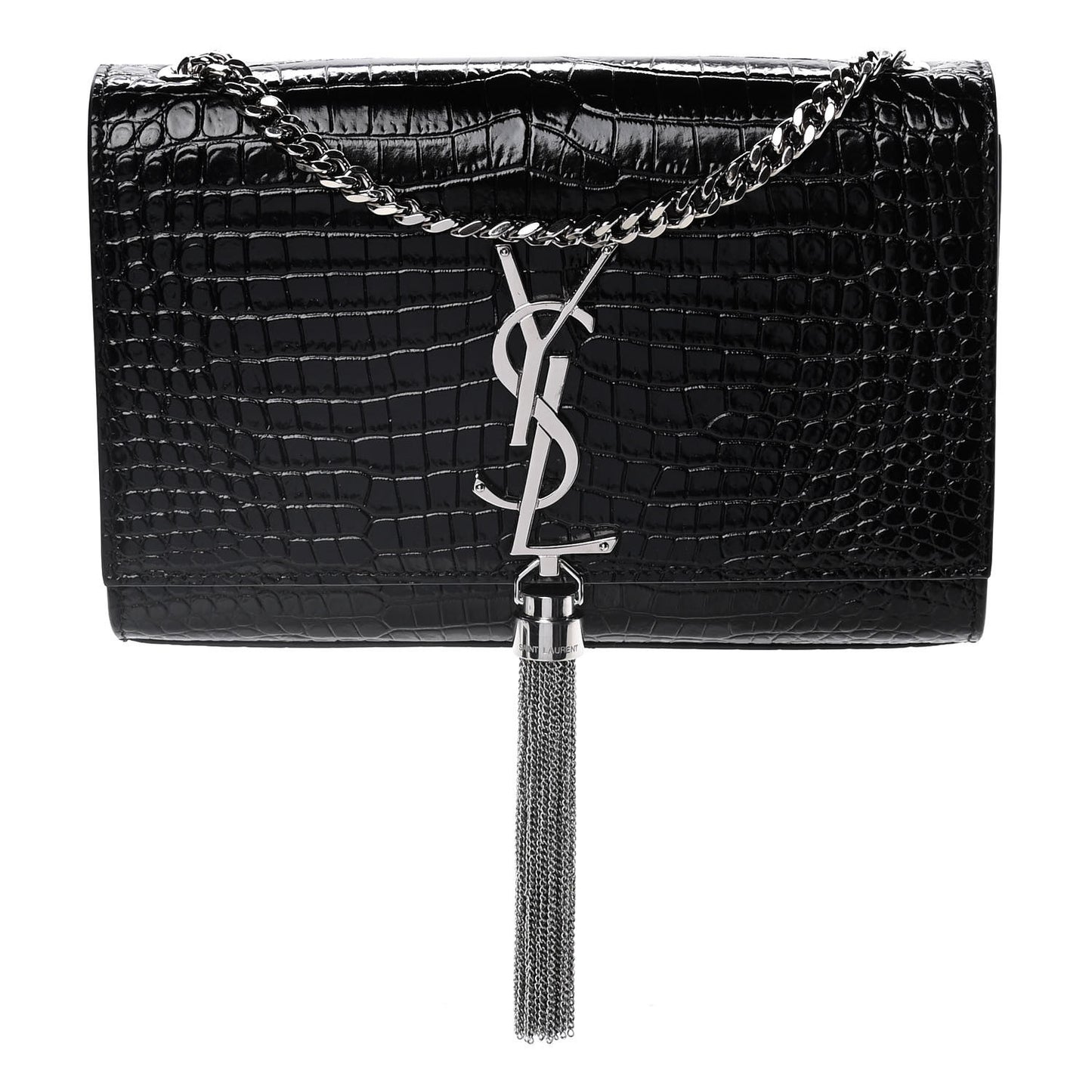 Calfskin Crocodile Embossed Small Classic Monogram Kate Tassel Satchel Black